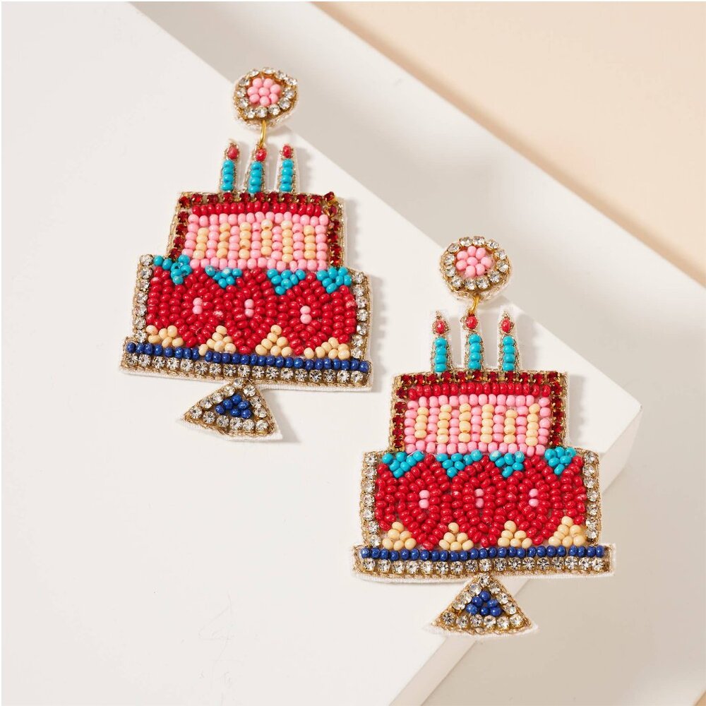 HAPPY BIRTHDAY Layer Cake Celebration Beaded Rhinestone Earrings